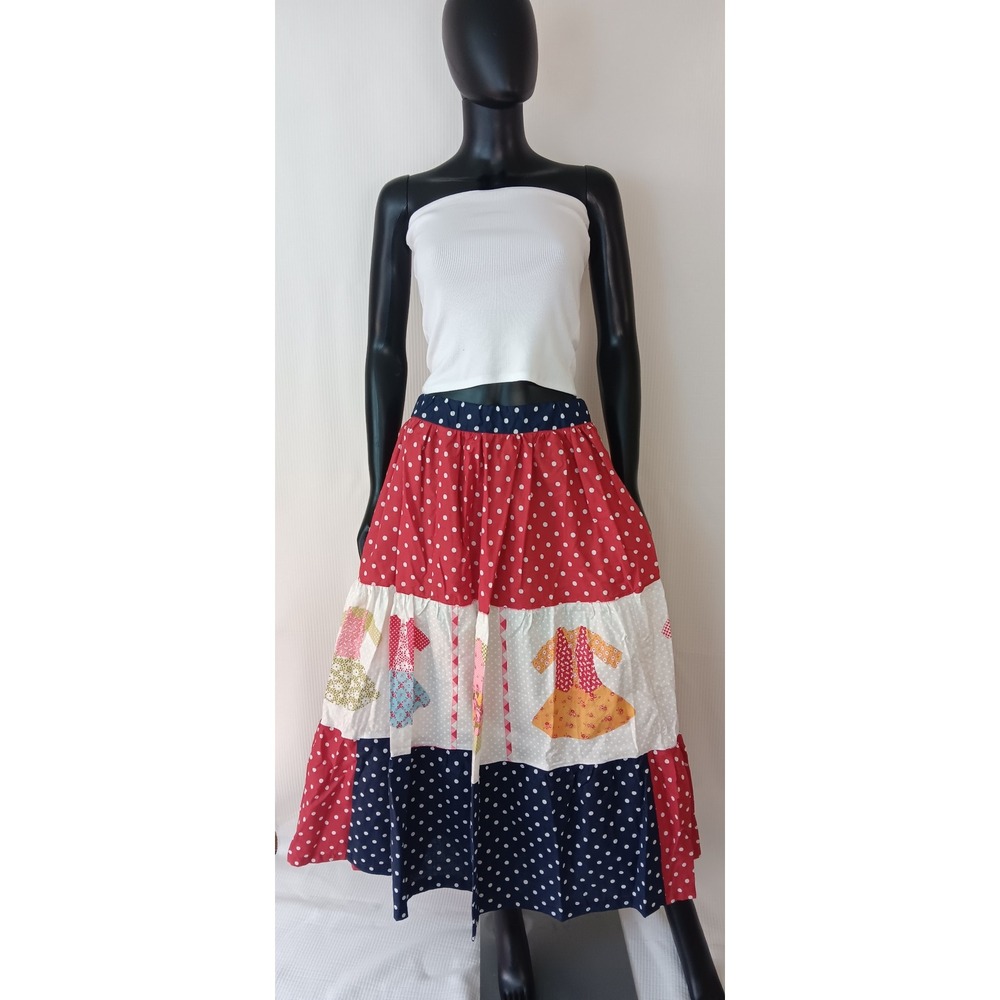 Handmade Cotton Tiered Maxi Skirt Polka Dot Dress printed Red Blue Large